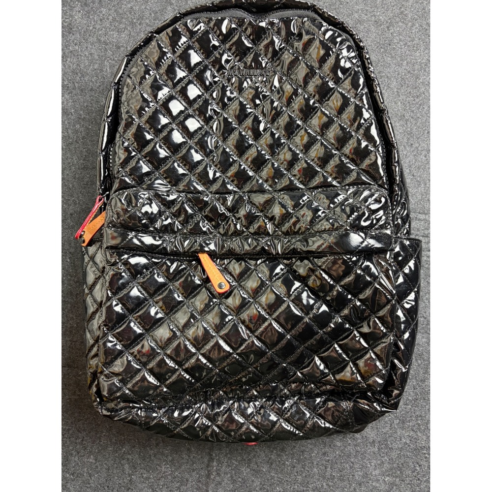 MZ Wallace Metro Backpack Black Lacquer Quilted Patent Padded Straps Bag